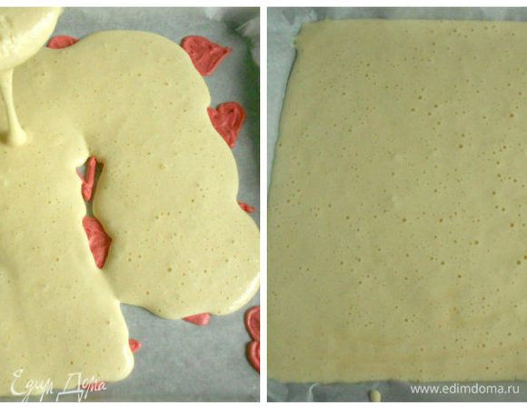 Достать из морозильника  противень с рисунком и аккуратно вылить сверху жидкое тесто. При необходимости разровнять шпателем. Приподнять противень с одной стороны и резко хлопнуть 2-3 раза по столу, чтобы равномерно распределилось тесто.