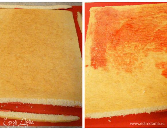 Остывший корж осторожно развернуть и можно перенести на силиконовый коврик или оставить на полотенце. Обрезать подсохшие края, если есть необходимость. Рисунок остаётся внизу!!! С помощью кисти нанести пропитку на бисквит, затем выложить и разровнять взбитые сливки.