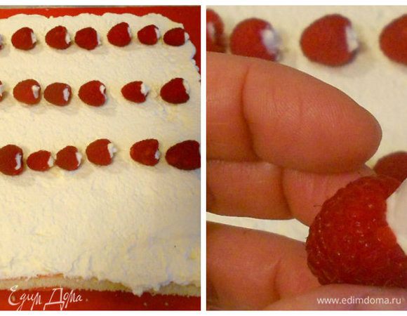 Целые ягоды малины разложить поверх сливок. Желательно отложить 2 ст.л. сливок в чистый корнетик и наполнить ими каждую ягоду. Это не займёт много времени, но позволит избежать сминания ягод.