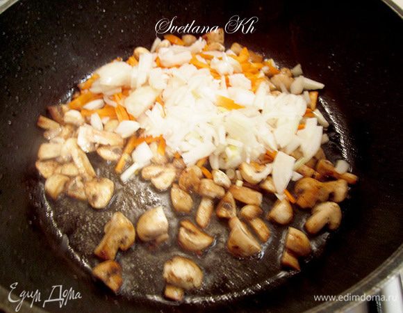 Сначала обжарить грибы на растительном масле. Затем добавить к ним лук и морковь. Слегка поджарить грибы с овощами, добавить томатную пасту. Залить бульоном или кипяченой водой . Посолить, положить любимые специи, сахар. Оставить на огне 3-4 минуты.