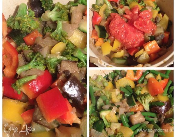 Добавить в казанок перцы тушить 5 минут . Добавить перетёртый помидор. Кинуть заранее размороженную стручковую фасоль.
Накрыть крышкой. Поставить на средний огонь. Тушить 30 минут.