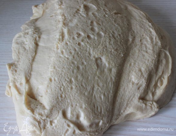 Замесить в комбайне тесто. Тесто получилось не густое, оставила на 1 час в теплом месте - 30С.
Через час выложила тесто на припыленый мукой стол.