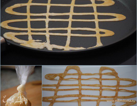 Яичные кружева: муку развести в воде и  слегка взбить с яйцом и соевым соусом.  Перелить смесь в пищевой пакет и завязать узлом.  Срезать кончик пакета (диаметр 1 мм)  Разогреть сковороду (я на всякий случай смазала дно растительным маслом). Нанести узор в виде сетки. Готовится это очень быстро и только с одной стороны. Снять кружево широкой лопаткой. Я просто переворачивала сковороду над тарелкой.  