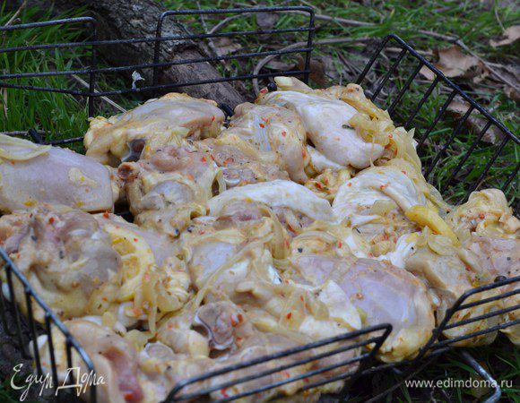 Мясо уложить на сетку или надеть на шампуры.