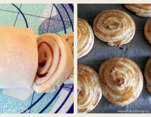 Рулет нарезаем на вертушки, выкладываем на смазанный маслом противень, ставим в разогретую до 200° градусов духовку и выпекаем до готовности.
Готовый вертушки посыпать сахарной пудрой.
Приятного аппетита!!!