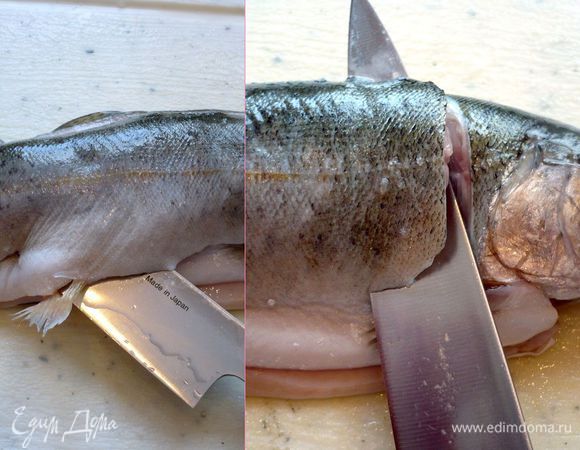 Намечаем ножом (лучше использовать специальный нож для филетирования) место для начала среза под жабрами и надрезаем кожу, прорезая сначала по вертикали вниз. Теперь ведем нож по горизонтали к хвосту, прижимая его как можно ближе к костям хребта. 
