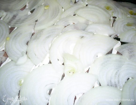 Лук чистим и нарезаем тонкими полукольцами. Достаем  мясо, смазываем сметаной (я просто выдавливаю из пакетика), укладываем слой лука. Слегка присаливаем и снова смазываем сметаной.