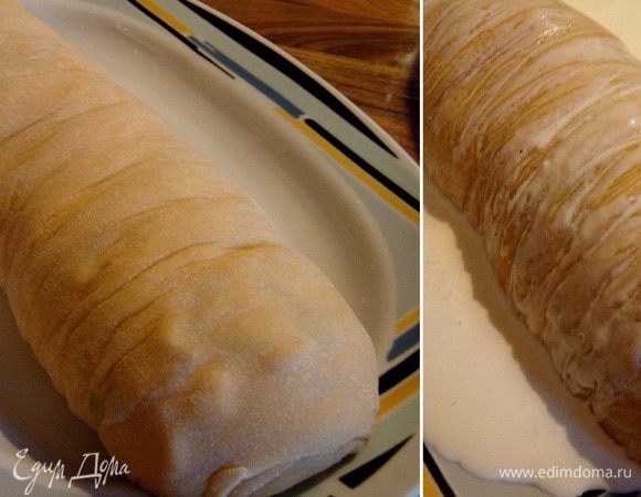 Форму для запекания, в которой можно подать рулет на стол (я воспользовалась большим овальным блюдом с углублением от повседневного сервиза), смазать 1 ст.л. сливочного масла. Уложить рулет в форму. Жирные сливки смешать с молоком, щепоткой соли и перцем. Залить рулет сливками. Запекать при 180* С около 40 минут. Вместе с рулетом можно запечь помидоры черри. 