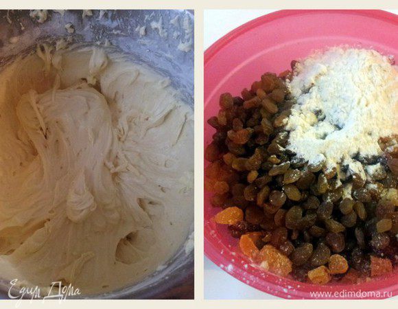 Смешать изюм, цукаты, натертые на крупной терке орехи, добавить ром и все посыпать 50 г муки. Перемешать и отставить на время.
Для теста, взбить сливочное масло с сахаром до бела и не прекращая взбивать добавлять по одному яйца. Муку смешать с крахмалом и разрыхлителем и просеять в тесто. Добавить сухофрукты и перемешать. 