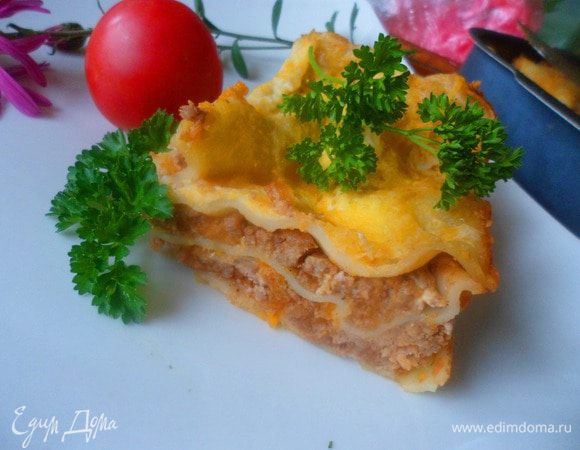 Залить лазанью оставшимся соусом Бешамель, посыпать тертым сыром. Поставить лазанью в разогретую до 180 градусов духовку на 40-50 минут. Немного остудить, так как в горячем виде она очень плохо режется. Приятного аппетита!!!