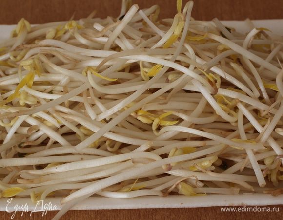 ...и пророщенные ростки маша. Добавить мясо, хорошо перемешать, влить остатки маринада для загустения соуса. Посыпать кунжутными семечками и сразу же подавать... Приятного аппетита!!! Если все сделать верно и быстро, овощи должны слегка прохрустывать. Не быть вареными, но и не сырыми.