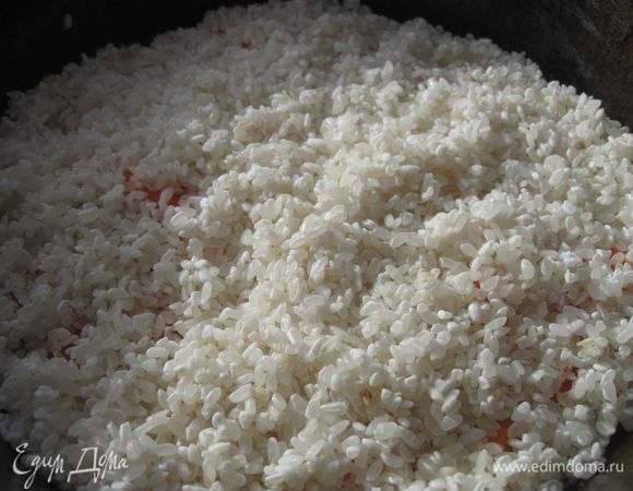 Добавить рис, разровнять. Добавить специи.