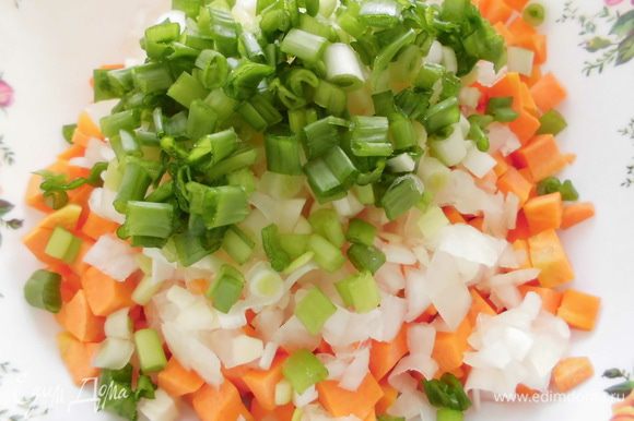 Очистить морковь, лук, чеснок, зеленый лук и грибы. Помыть, просушить и мелко нарезать.
