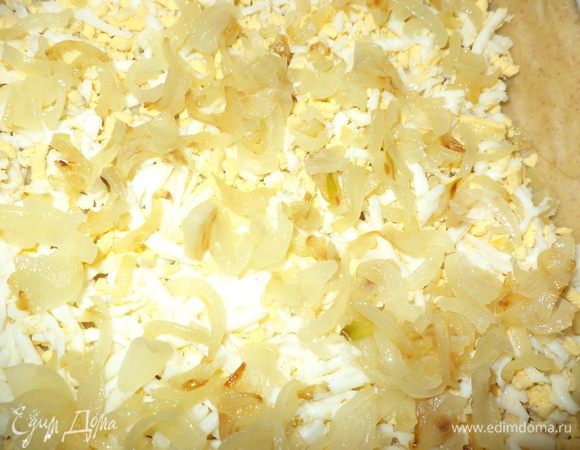 Для второго слоя заранее обжарим на масле (по вкусу растительном или сливочном) лук, количество тоже определите по вкусу!!!!