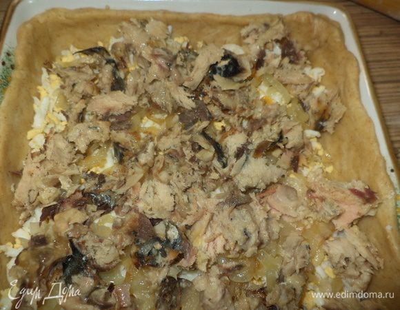 Третий слой рыбка, ее ломаем на небольшие, но и не мелкие кусочки прямо в баночке, жидкость слить, оставив немного (прим 1/3), она не должна быть сухой