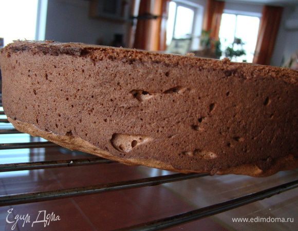 Вот такой высокий красивый бисквит получается. Его надо охладить на решетке и разрезать на 3 коржа