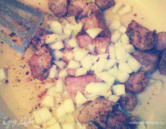 Обжарить мясо и лук. Добавить соль, перец. 