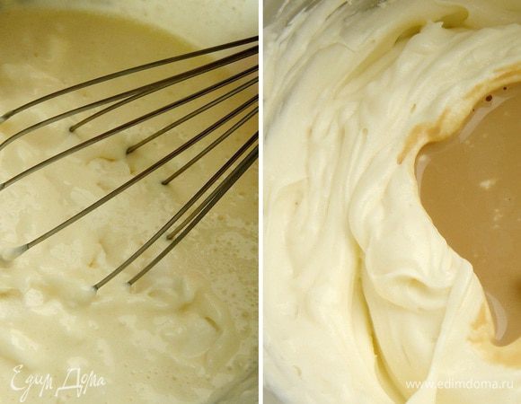 Для приготовления крема в глубокую миску выложить "Маскарпоне",сливки и сахарную пудру. Взбить крем блендером до плотной однородной массы. Влить  ликёр и ещё раз взбить крем до консистенции густой сметаны. Если крем недостаточно плотный, то можно добавить загуститель для сливок и опять взбить крем блендером. Разделить крем на 4 части.