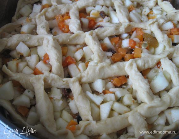 Из кусочков теста сделать колбаски, которые распределить   сверху  решеткой произвольных ячеек. Поставить в духовку на 30 минут при температуре 200 градусов.
После этого вынуть, смазать  яйцом и поставить в духовку еще приблизительно на 25-30 минут. Может, вам потребуется минут на  5-10 больше времени. Готовность проверяйте лучинкой.  
