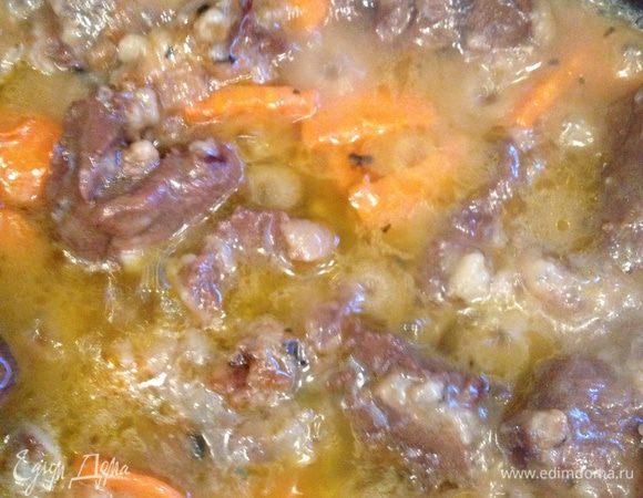 Залить мясо кипяченой водой, так чтобы она не закрывала мясо (кусочки должны тушиться, а не вариться). Добавить морковь и тушить 1,5 часа, по необходимости доливая воду (можно мясной бульон).