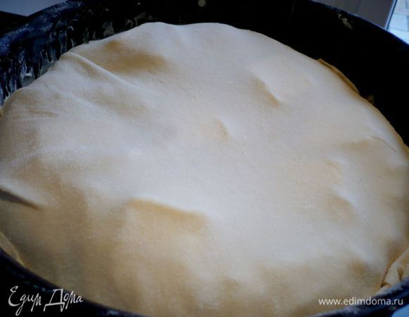 Раскатываем тонко и растягиваем последнюю часть для верхушки. Выкладываем ее на пирог, скрепляем края нижней части теста и верхушки. Ставим в духовку на 30 минут. Непременно подставьте под форму противень, проложенный пекарской бумагой, чтобы не запачкать выделяющимся маслом низ духовки.