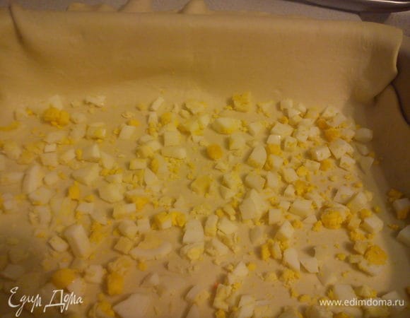 Форму смазать подсолнечным маслом. Тесто раскатать размером в два раза больше дна формы. Выложить тесто на дно, оставляя часть снаружи. Разложить по дну яйца.

