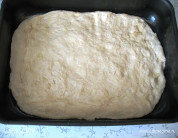 Форму смазать растительным маслом (я специально взяла ароматное подсолнечное масло и не пожалела - аромат очень кстати). Руки смазать растительным  маслом и распределить тесто по  всей форме равномерно толщиной 1,5 см. 