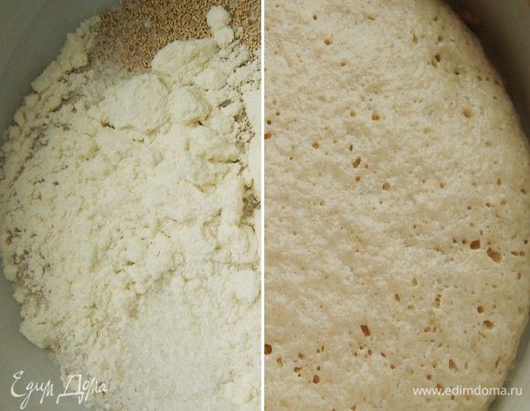 В стакане или небольшой миске смешать дрожжи, 1 ч.л. сахара и 1 ч.л. муки. Залить 100 мл тёплой воды (молока), хорошо размешать и убрать в тёплое место на 5 минут.