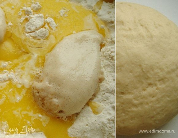 В глубокую миску просеять муку, добавить сахар, соль, кокосовую стружку. Оставшуюся воду (молоко) смешать с яйцом и маслом и влить в муку. Руками замесить тесто. 