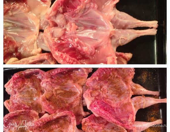 Кухонными ножницами отрезать кончики крыльев, затем разрезать каждую тушку вдоль спины. Раскрыть, удалить внутренности, промыть под холодной водой и промокнуть бумажным полотенцем. Положить перепелов на противень, приправить солью, перцем и 2/3 рас эль ханута. Охладить в течении 1 часа. 