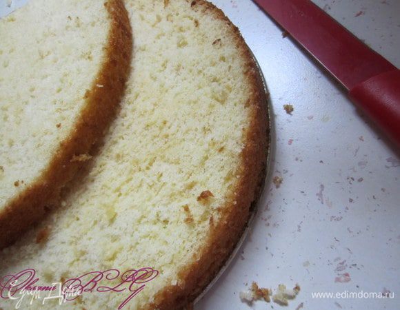 Охлажденный бисквит разрезать на коржа.
Так же приготовить бисквит с какао. 
Шоколадный бисквит после охлаждения разрезать на 3ри коржа.