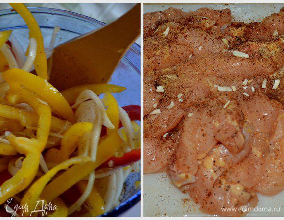 Смешать в пакете или в емкости куриные грудки порезанные полосками с перечисленными ингредиентами(до черты).Можно отдельно или вместе с овощами.Положить в холодильник на 15 мин.