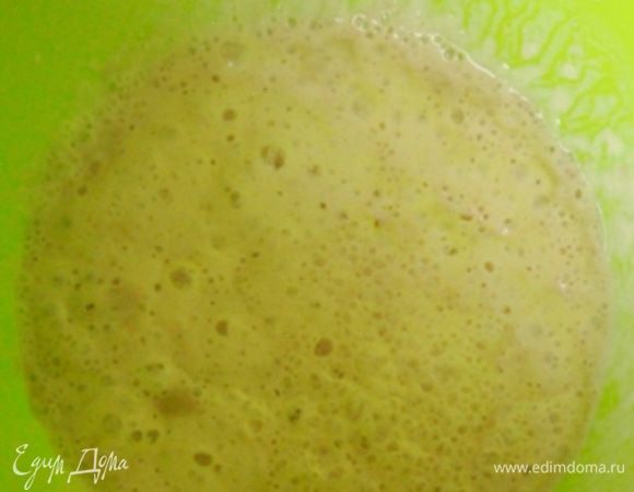 Для приготовления опары в большой миске смешать все ингредиенты и оставить на 1 час (можно больше). Готовая опара немного увеличится в объеме и вся покроется пузырями.
