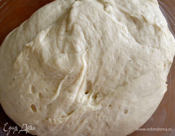 Переложить тесто в объемную миску, смазанную жиром, и поставить подниматься в защищенном от сквозняков месте часа на 2, или до увеличения теста в объеме в два раза... Лучше всего это сделать при температуре 30 С. Если у вас электрический духовой шкаф, этой температуры можно достичь при включении световой подсветки в духовке, без включения температурного режима.  