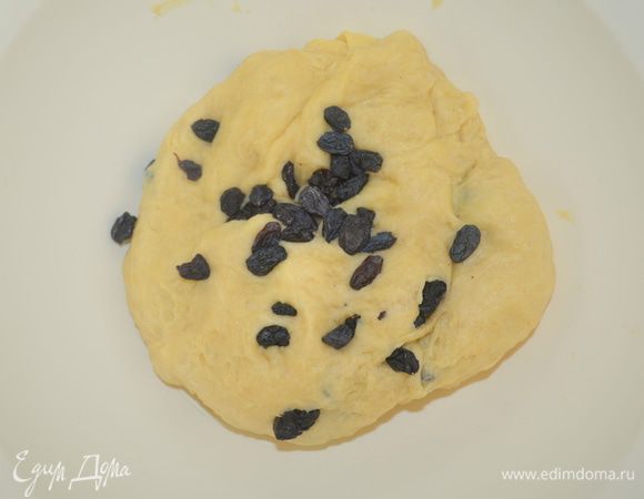 в подошедшее тесто добавляем изюм, вымешиваем на рабочем столе, присыпанном мукой