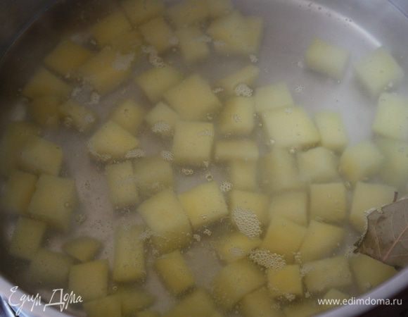 Бульон или воду довести до кипения и закинуть картофель,порезанный на небольшие кубики.Варить 10 минут при слабом кипении.