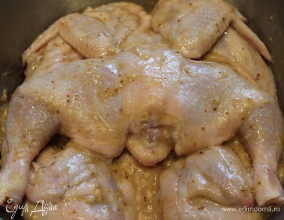 Приготовить маринад: просто смешать все ингредиенты (чеснок натереть). Смазать цыплят маринадом, уложить в блюдо, прижать сверху каким-нибудь прессом и поставить в холодильник часа на 3 (у меня они стояли всю ночь)