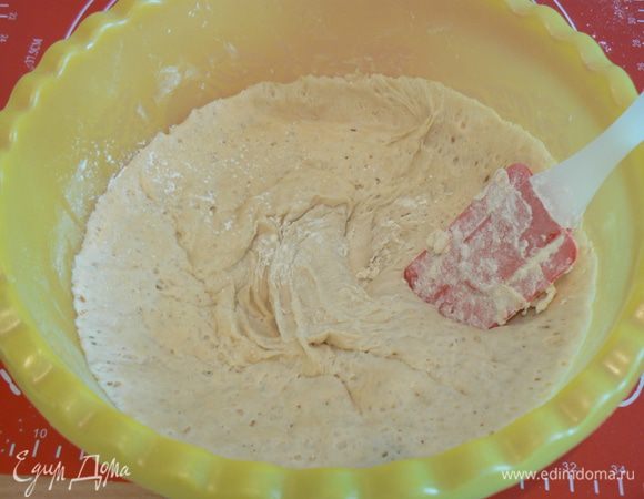 Через два часа опара выглядела так...Добавить опару к мучной смеси,хорошо вымесить