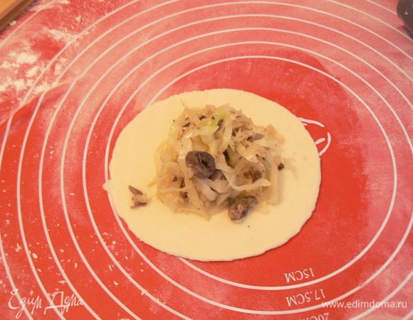 Раскатайте шарик в кружок толщиной 5 мм. 
Положите  начинку .