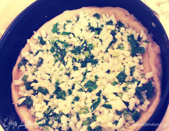 Тесто разделить на 2 части. Одну часть раскатать. Начинку выложить на тесто. 