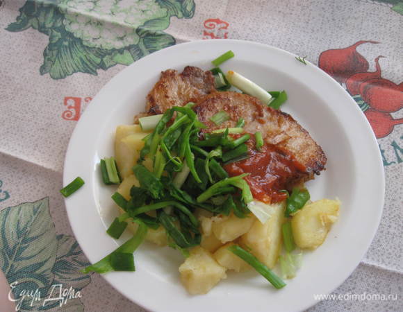 Лук зелёный нарезать. Мясо гарнировать картошкой и соусом.Добавить тобаско.