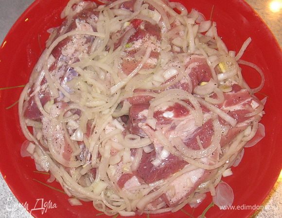 Добавляем в мясо лук, соль, перец. Тщательно перемешиваем руками. Даем настояться 30-40 минут.