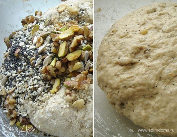 Добавить в тесто смесь семян и орехов. Рабочий стол присыпать мукой и в течении 5-7 минут месить тесто. Затем переложить тесто в смазанную растительным маслом миску, прикрыть влажным полотенцем или затянуть пищевой плёнкой и убрать в тёплое место на 1-1,5 часа. Тесто должно увеличиться в 2,5-3 раза.