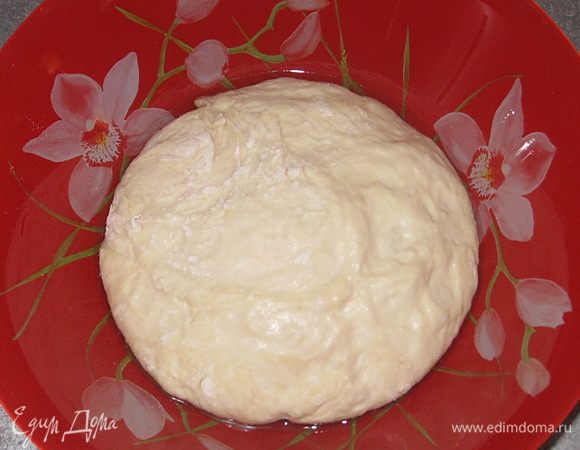 Смазать глубокую тарелку маслом, положить тесто. 