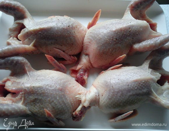 Перепелок вымыть, обсушить и натереть солью и перцем.