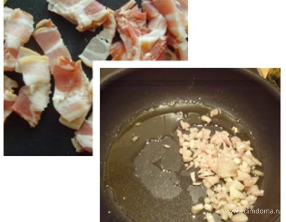  Шафран развести в 50 мл кипятка, дать настояться. Бекон  и лук измельчить, 