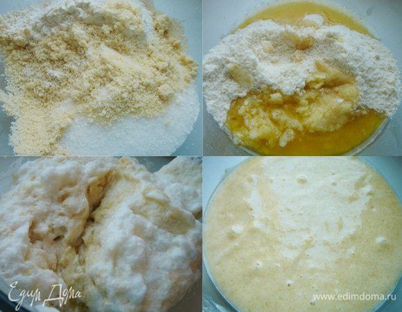 Сливочное масло растопить на маленьком огне и прогревать его минут 5-7 до светло-коричневого цвета. Миндальную муку смешать с сахаром, мукой и ванилином. Добавить немного остывшее сливочное масло и хорошо перемешать. Белки с солью взбить в крепкую пену и аккуратно вмешать в маслянно-миндальную смесь.