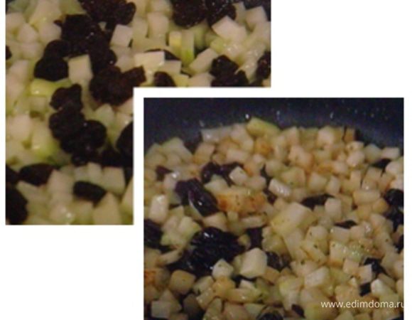 Тушить овощи с добавлением вишень, мёда, портвейна, бульона, соли и перца. Снять с огня, вмешать сметану и петрушку.