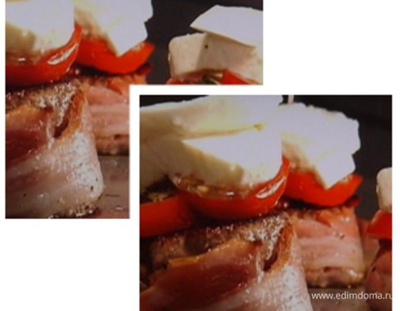 На обжаренные медальоны башенкой выложить овощи и моцарелу, если необходимо, можно закрепить зубочисткой. Башенки смазать мёдом, для образования корчки  