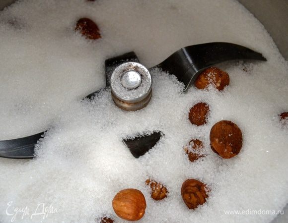 Сахар с фундуком положить в миксер или кухонный комбайн и смолоть в муку.